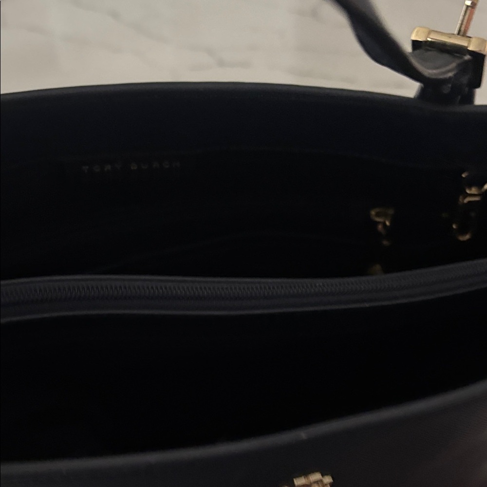 Tory Burch NAVY  Leather Tote with Gold Logo - Picture 10 of 16